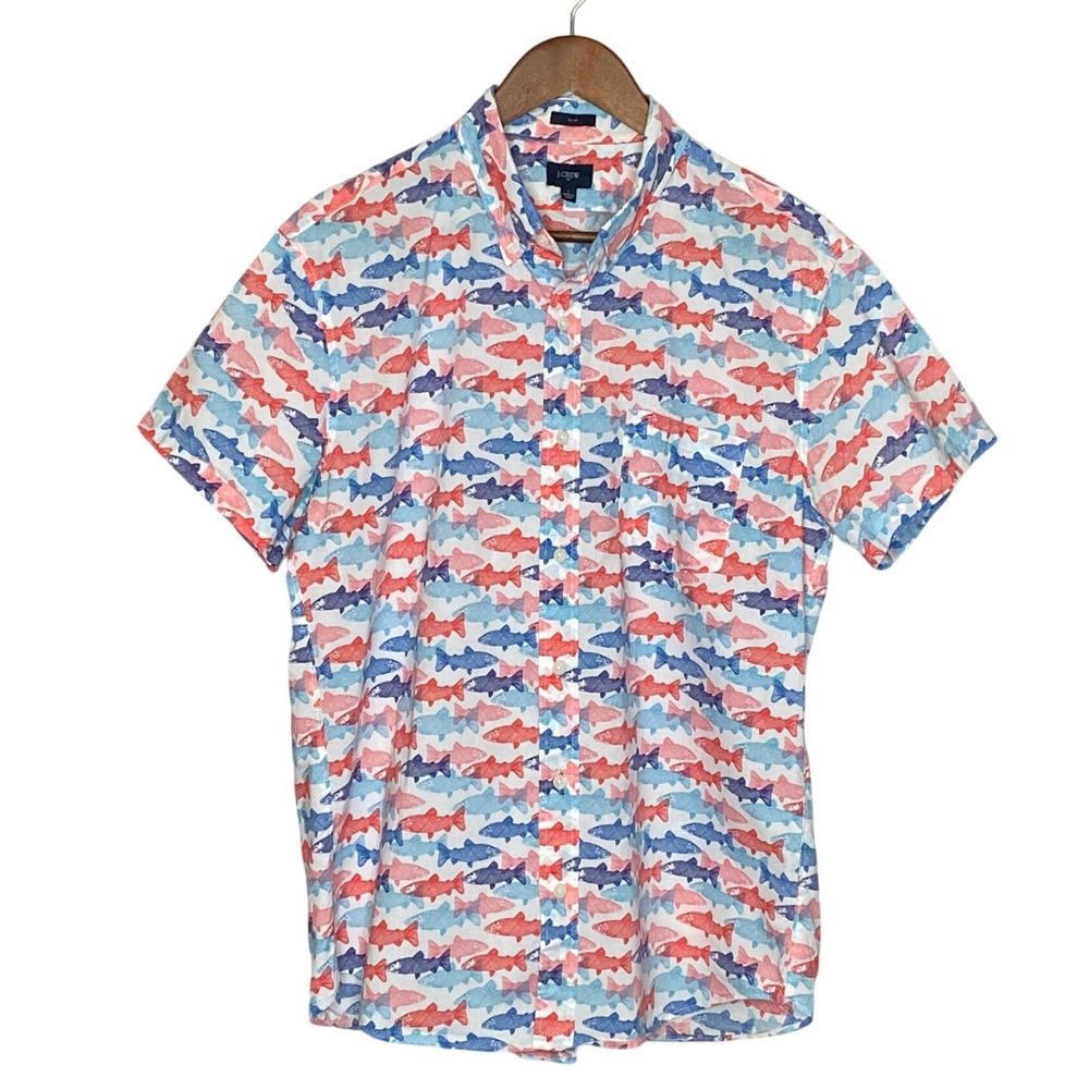 J Crew Mens Fish Print Button Down Shirt Size L Coastal Preppy Nautical Slim Fit